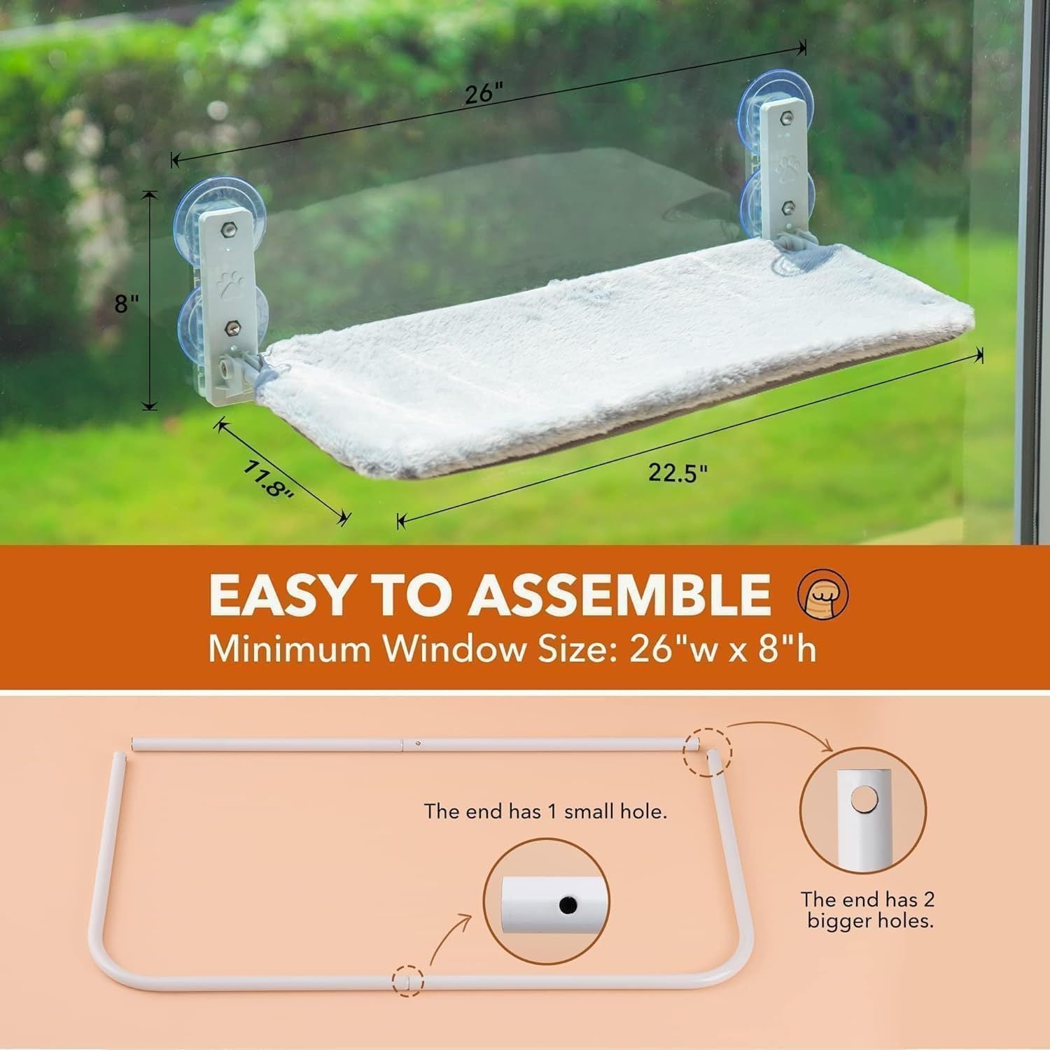 Large Cat Window Perch - Foldable 60x30cm Hammock With 18kg Suction Cups & Washable Cover For Indoor Cats Grey