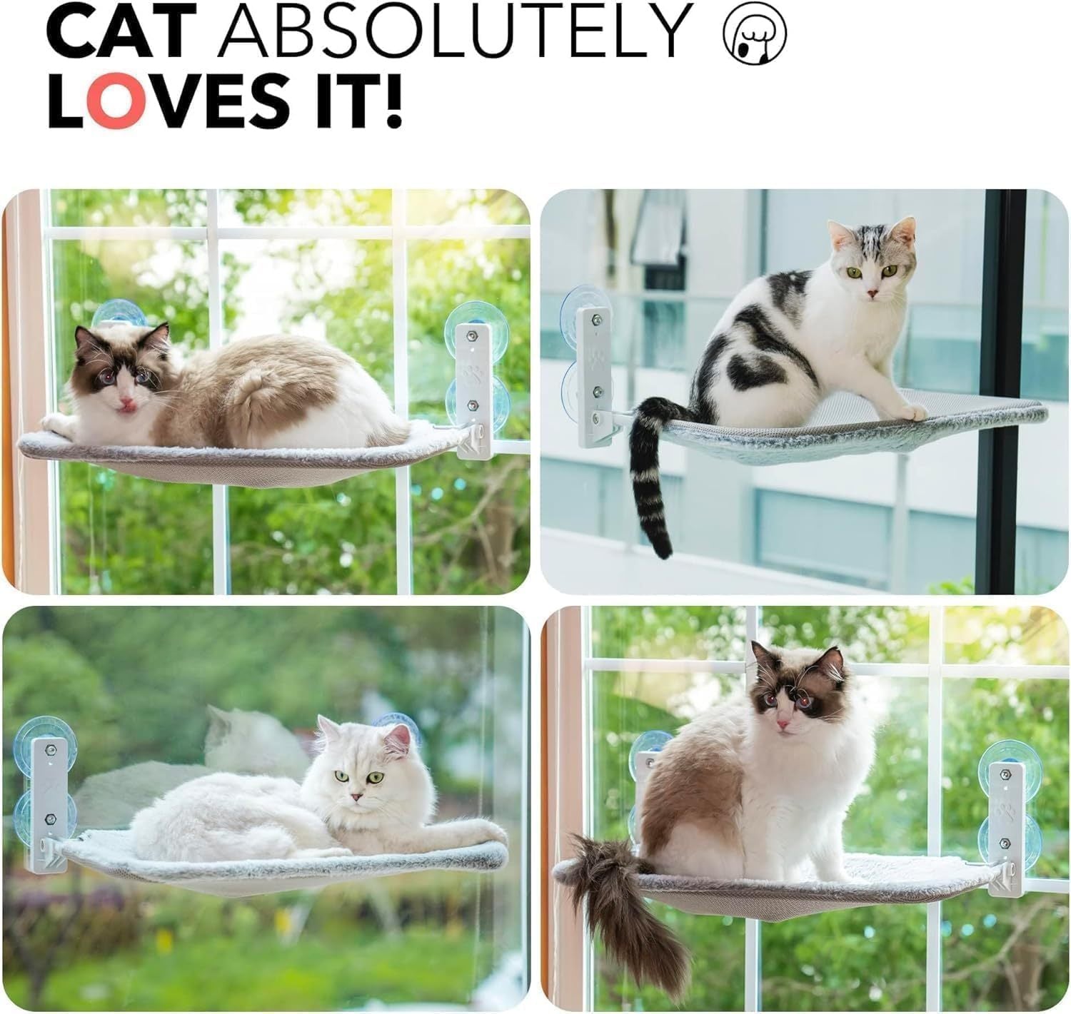 Large Cat Window Perch - Foldable 60x30cm Hammock With 18kg Suction Cups & Washable Cover For Indoor Cats Grey