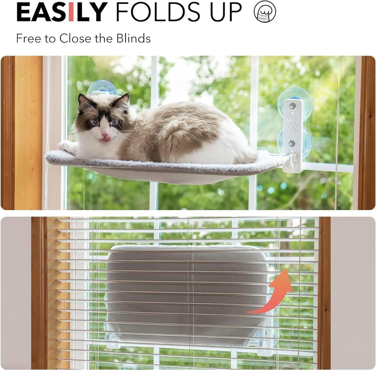 Large Cat Window Perch - Foldable 60x30cm Hammock With 18kg Suction Cups & Washable Cover For Indoor Cats Grey